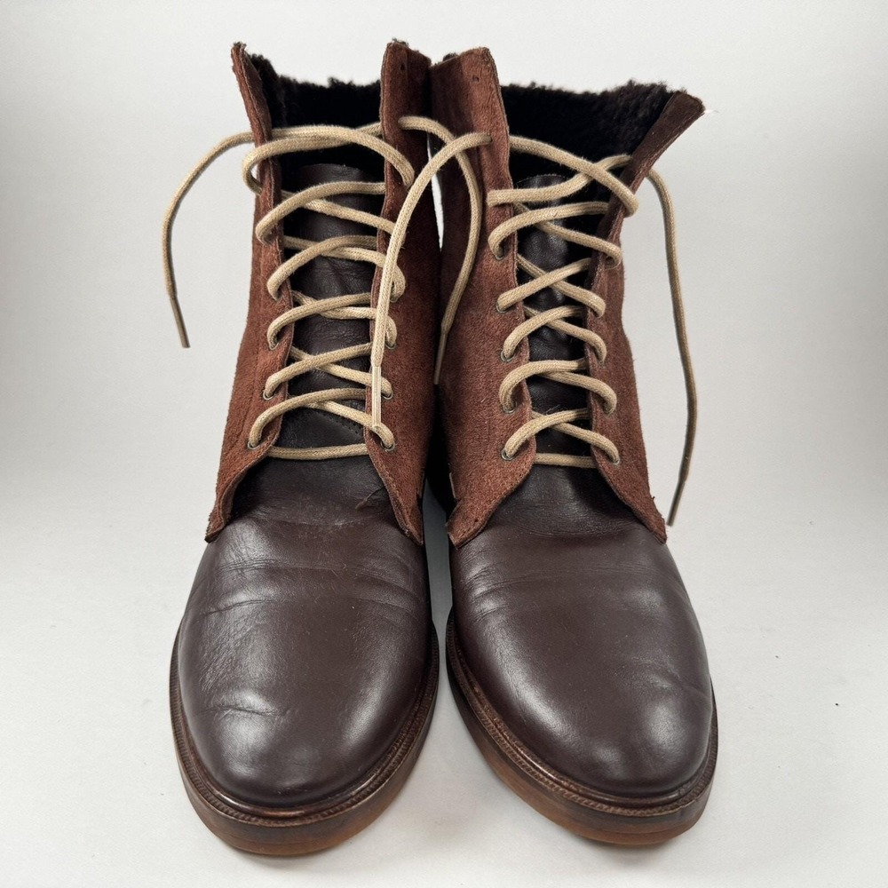 Brown Leather‎ Suede Lace Up Boots Faux Fur Lined Fold Over Ankle Ann Taylor - Picture 8 of 16